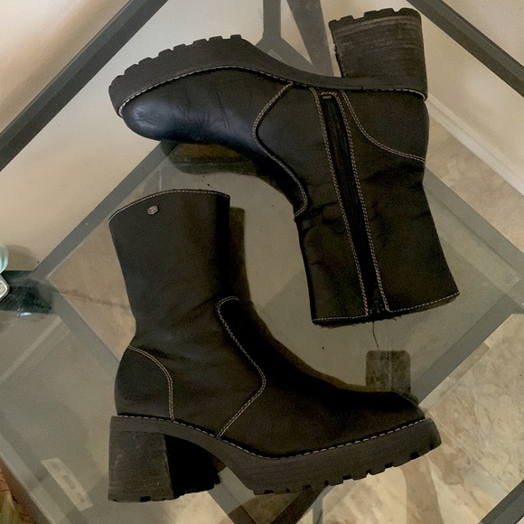 Skechers Shoes - Y2k Vintage SKETCHERS 90s Chunky Heel Platform Black Leather Zipper Grunge Boots